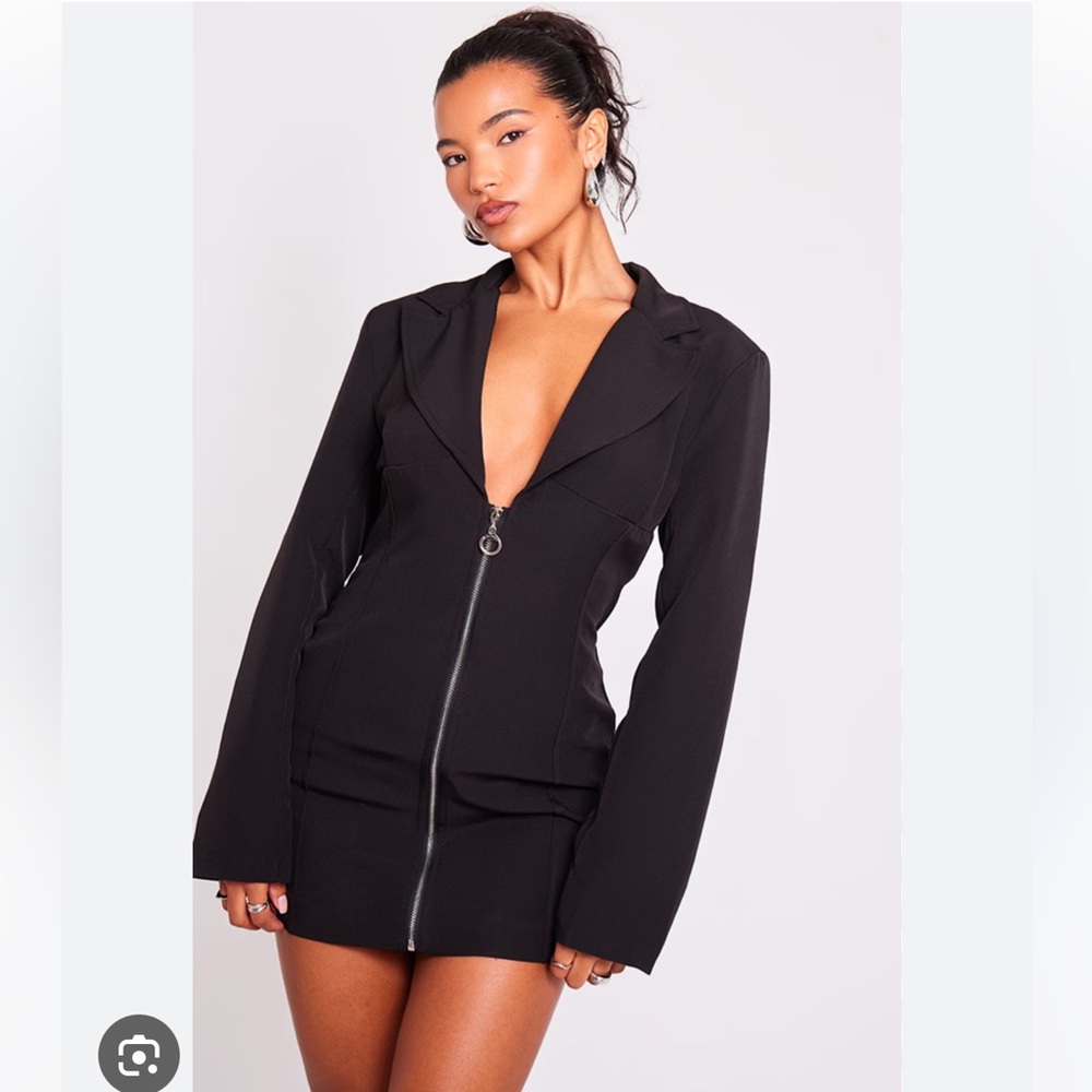 PRETTYLITTLETHING Woven Zip Through Corset Detail Blazer Dress Black Size 12 NEW